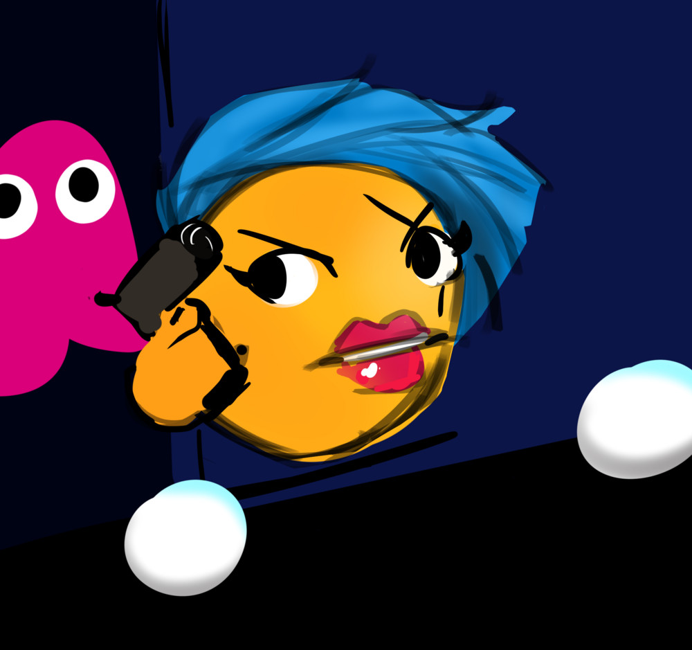 Ms. Pac-Man with blue hair and a gun
