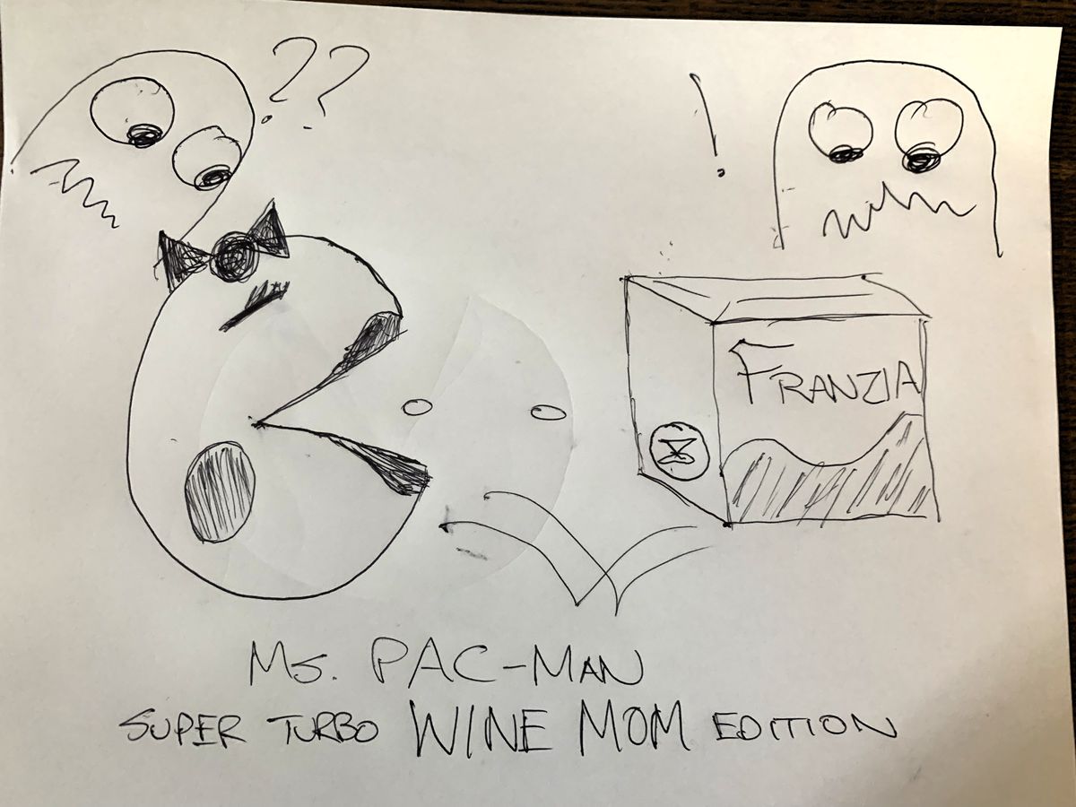 With her eyes closed and mouth open, Ms. Pac-Man prepares to consume some power pellets and a box of Franzia wine, while a couple of Ghosts look on in terror. At the bottom of the drawing, a caption reads, “Ms. Pac-Man — Super Turbo WINE MOM Edition”