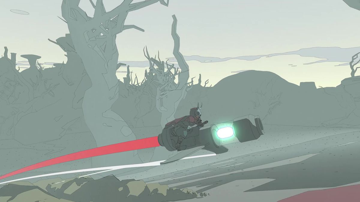 A character moves across an open desert on a hoverbike in Sable