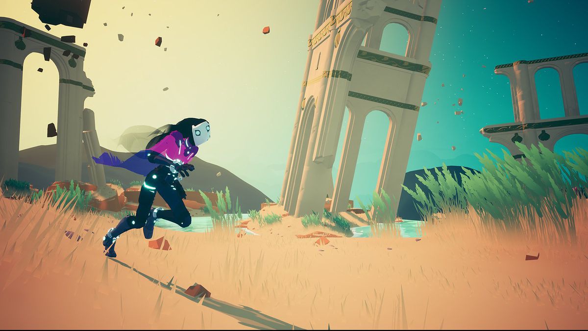 A character glides through dirt with buildings crumbling in the background in Solar Ash