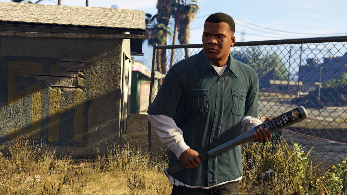 Franklin looks angry and is holding a baseball bat in Grand Theft Auto 5
