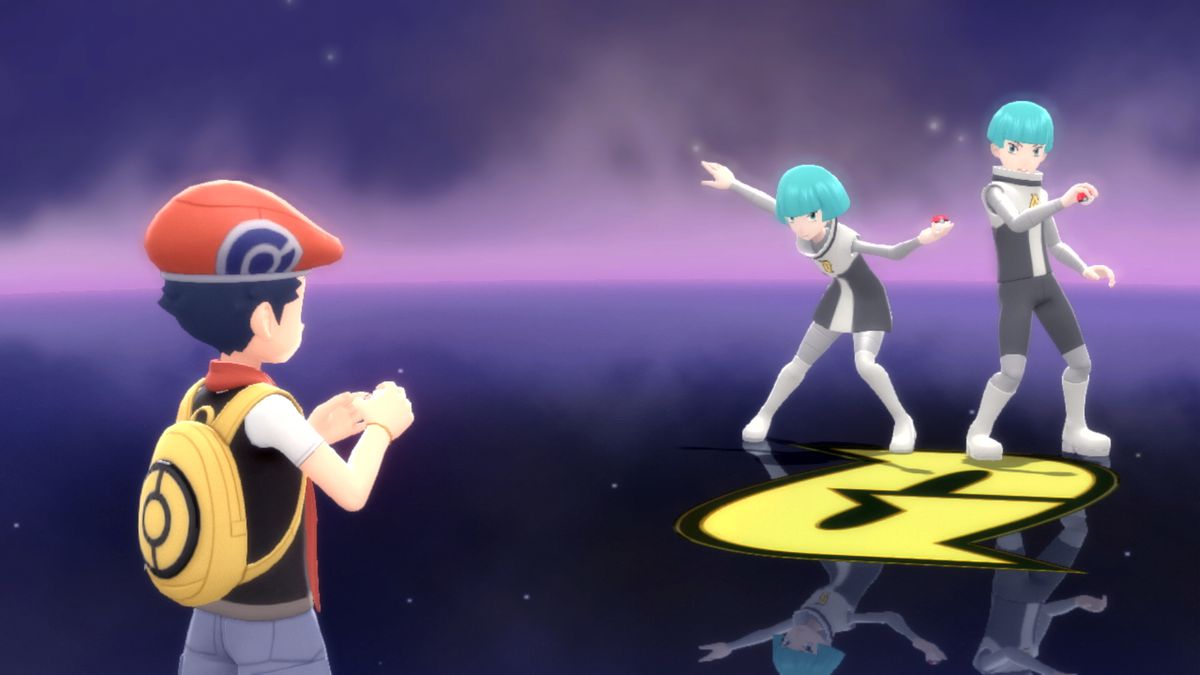 A Pokémon trainer stares at two similar-looking characters in Pokémon Brilliant Diamond and Shining Pearl