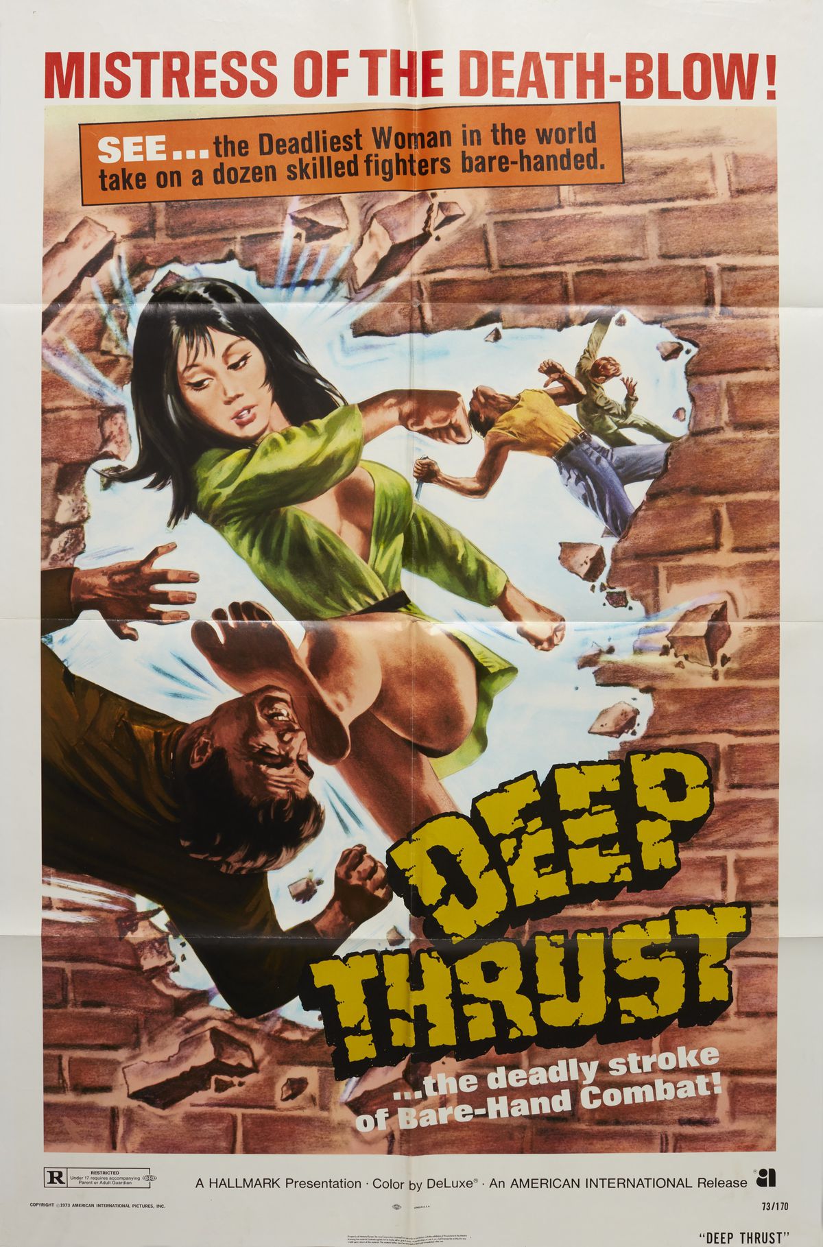 Deep Thrust poster: a woman punching through a brick wall