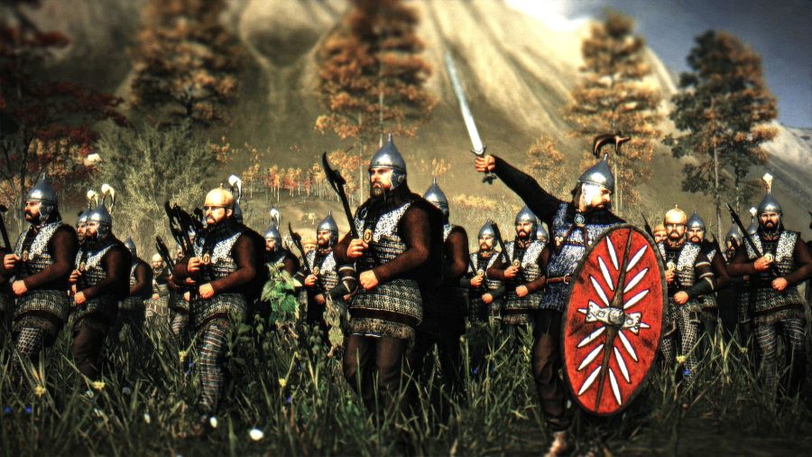Gallic-looking warriors in mail charging forward, various weapons