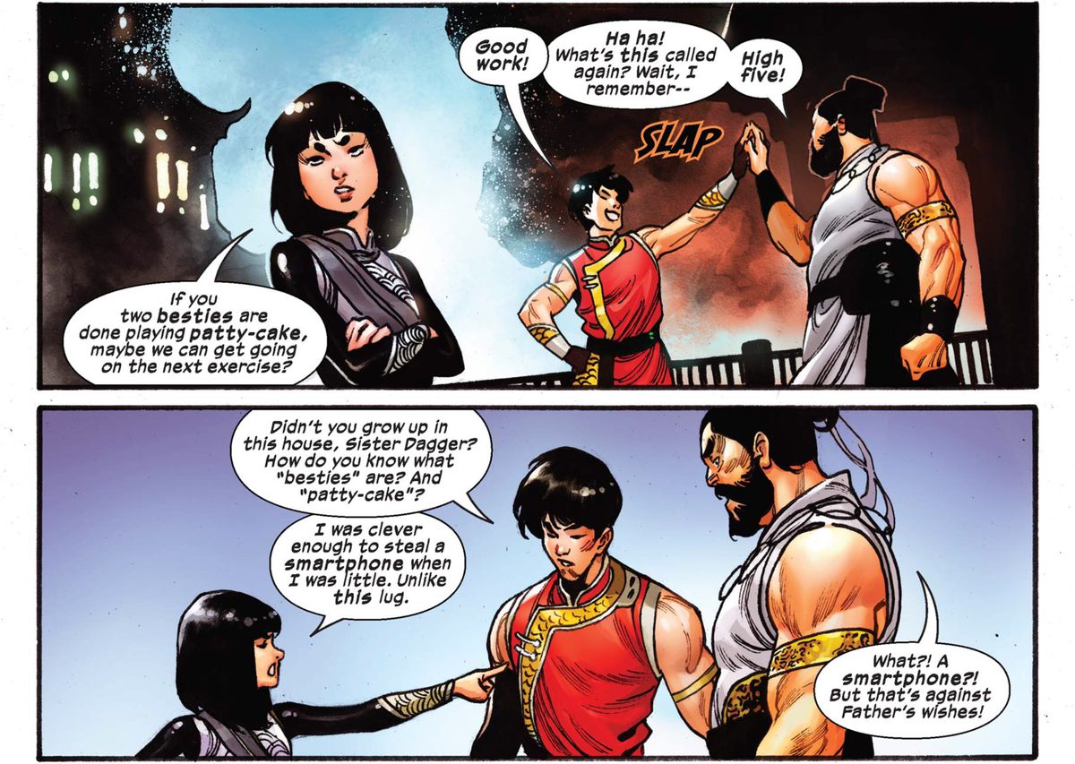 Shang-Chi, Brother Sabre, and Sister Dagger squabble and high five in Shang-Chi #3 (2020). 