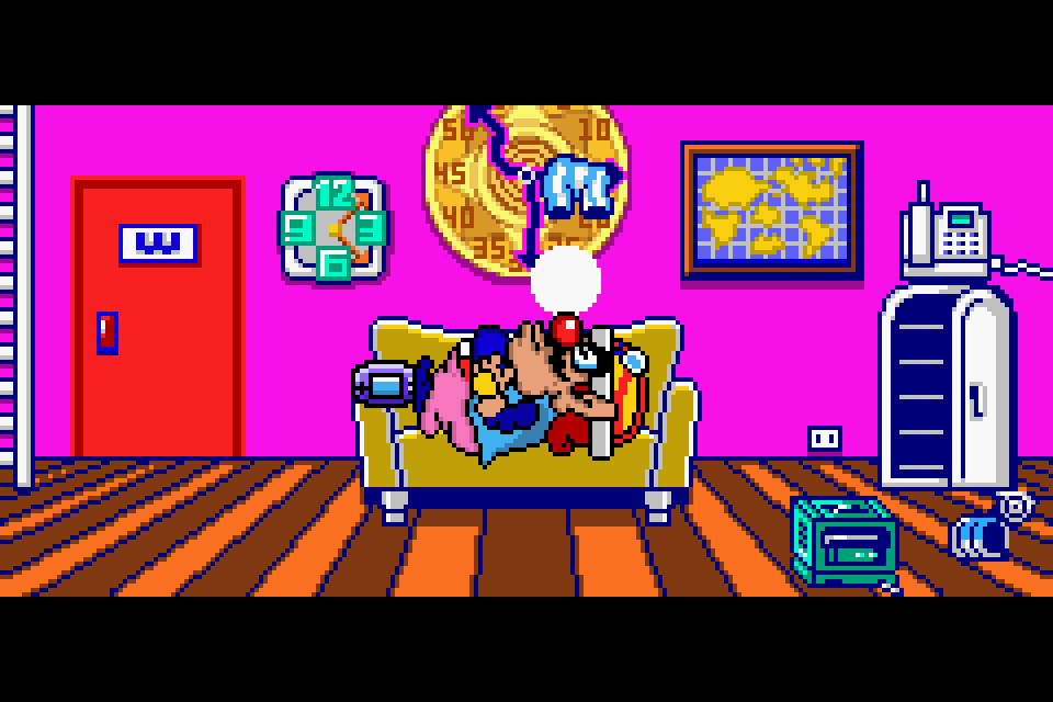 WarioWare Twisted - Wario takes a nap on his couch, which is set against a bright pink wall 