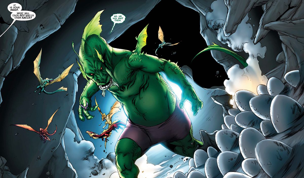 Fin Fang Foom, a huge, green, mildly human dragon monster wearing tight purple shorts, standing in a mysterious cave in Aveners Vs. Pet Avengers #3 (2010). 