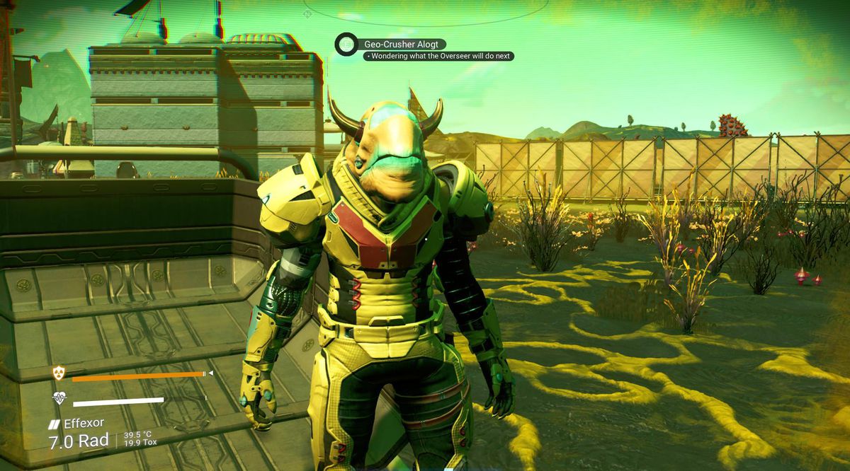 No Man’s Sky - a Vy’Keen alien stands in a town. His status is set as ‘Wondering what the Overseer is going to do next’