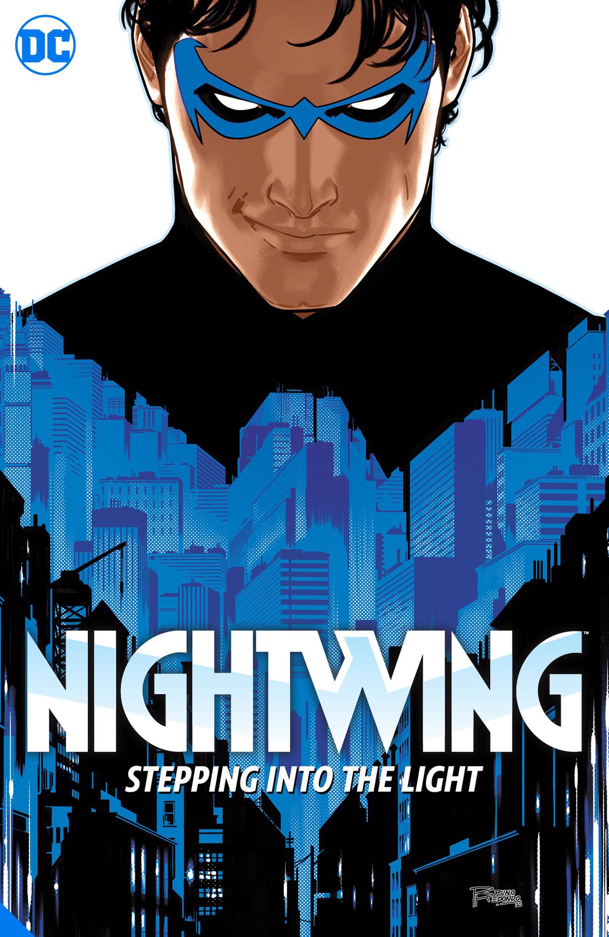 Nightwing smirks — the blue winged shape on his costume is the silhouettes of skyscrapers — on the cover of Nightwing Vol 1: Leaping into the Light (2023). 