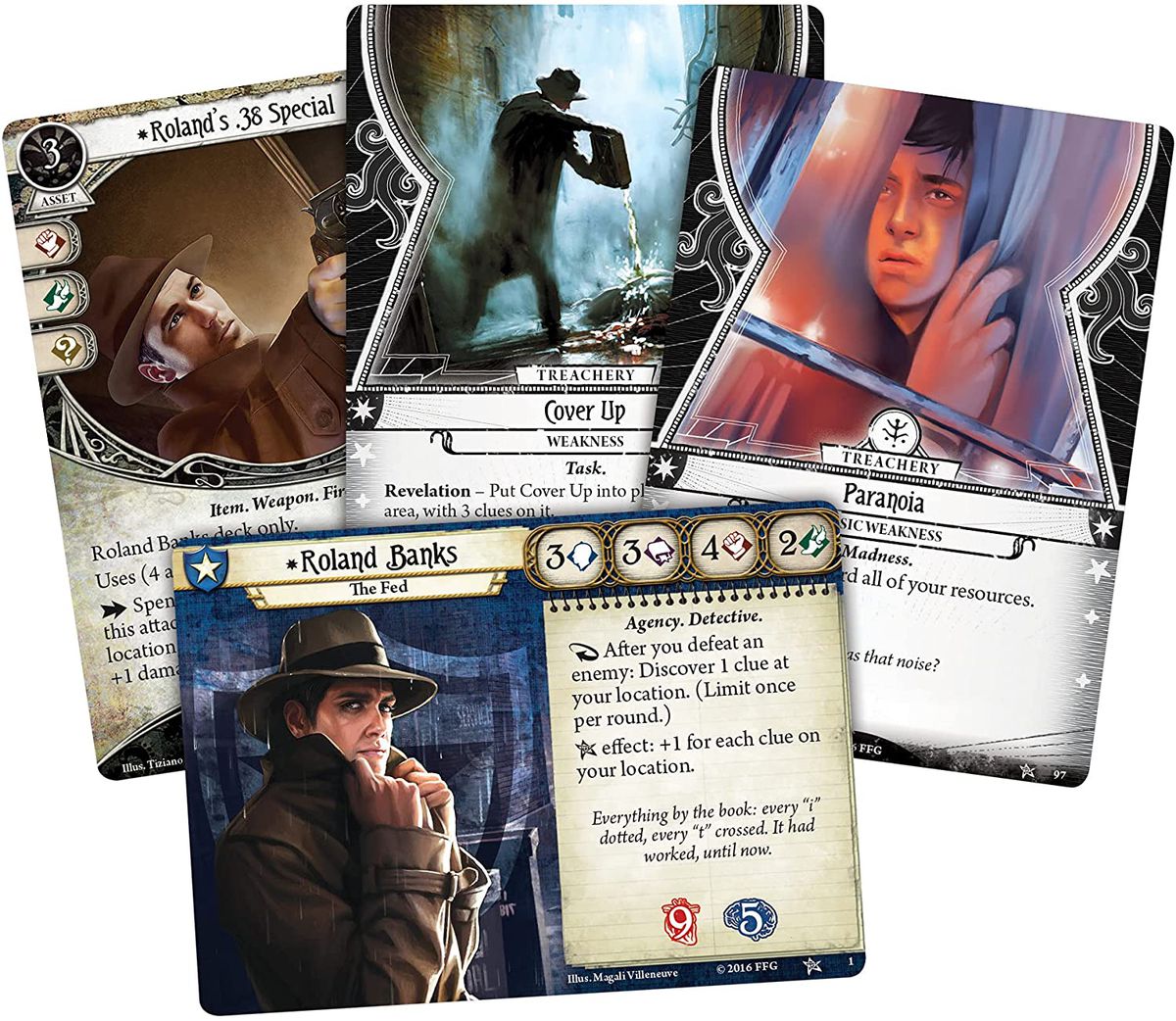 Sample cards from Arkham Horror: The Card Game, including Roland “The Fed” Banks.