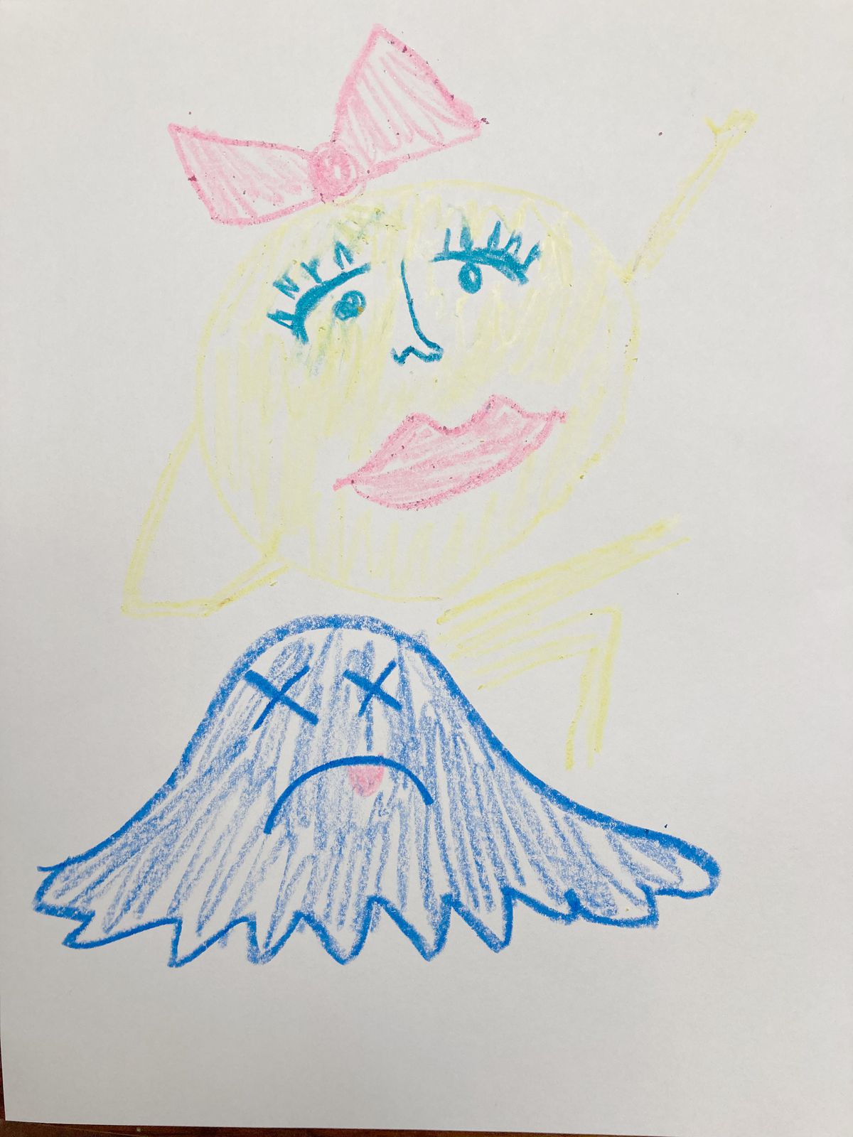 A crayon drawing of Ms. Pac-Man celebrating her victory, with the collapsed form of a blue Ghost in front of her