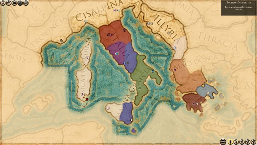 The campaign map in Rome 2 using the Roman Houses mod