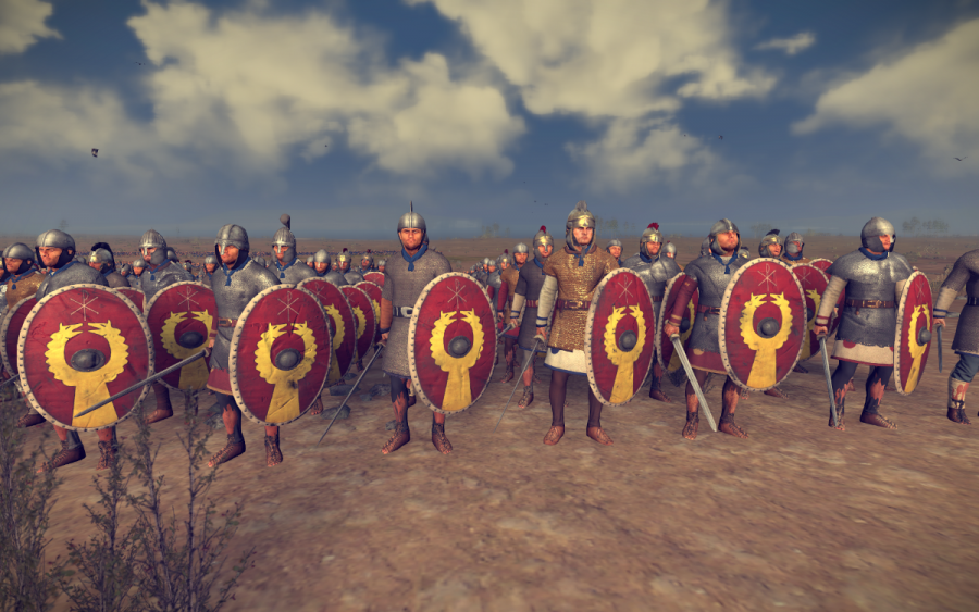 several lines of late-roman empire soldiers with shields and swords. heavily armoured.